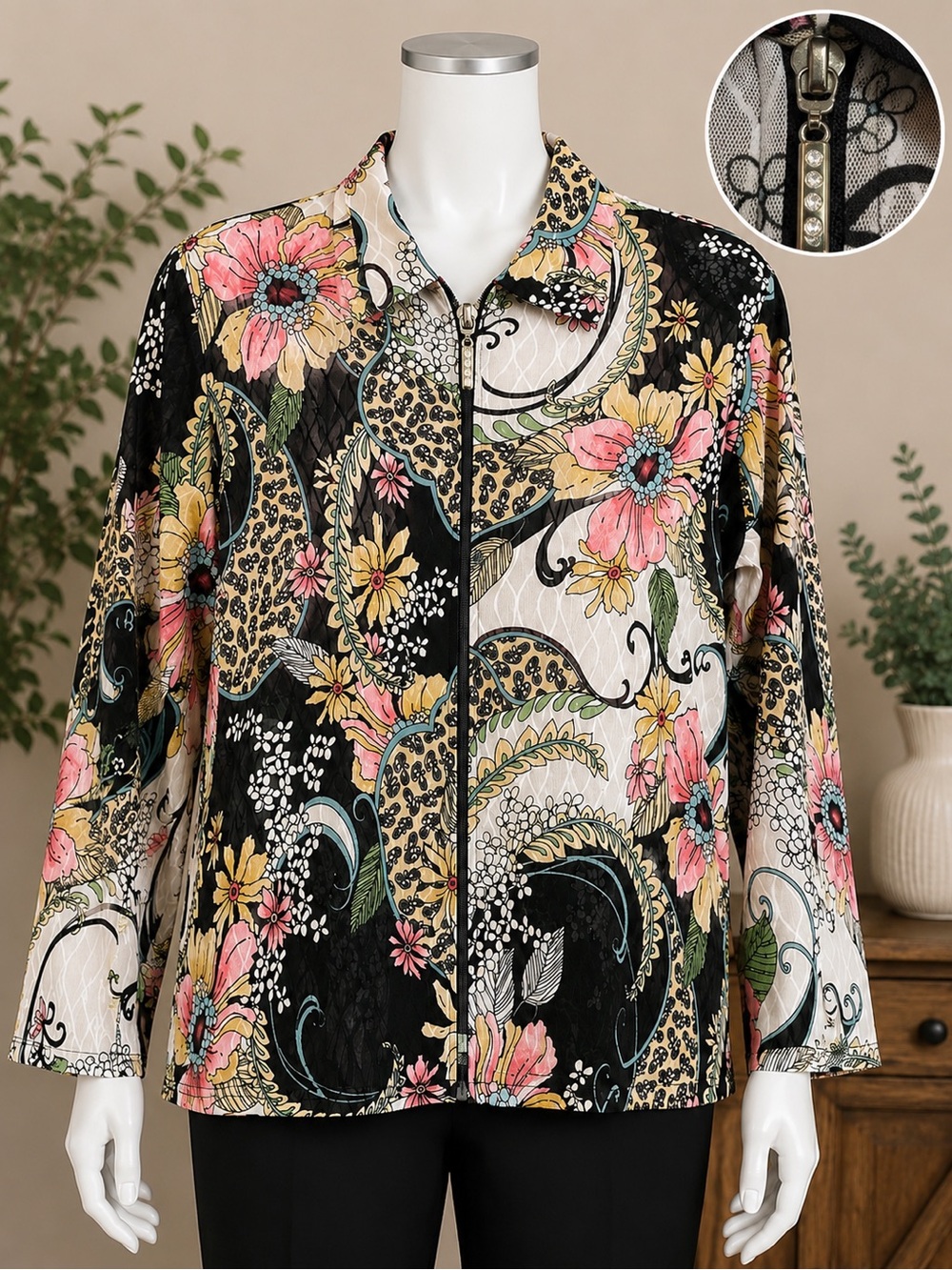 Mode Lia XL Sheer Floral Zip Front Jacket Rhinestone Pull